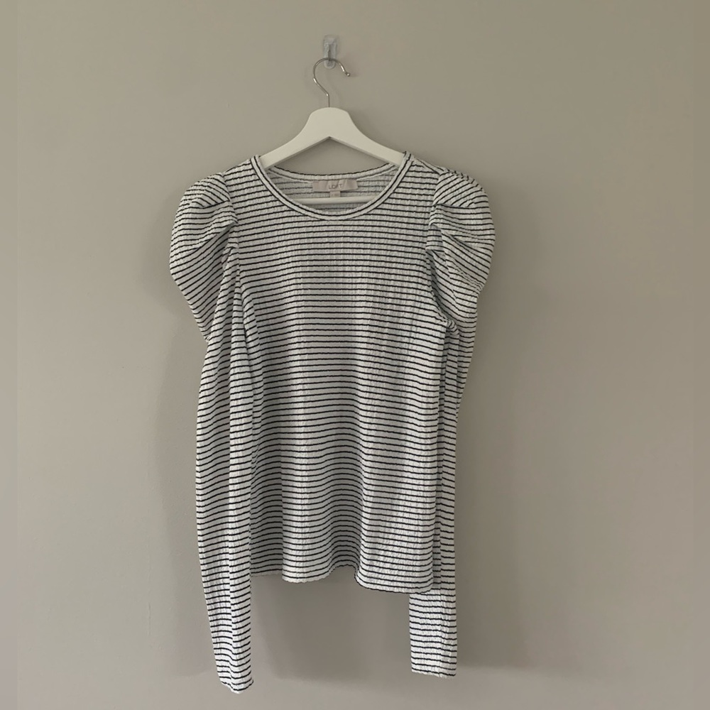 Loft Blue and White Stripe Puffed Shoulder Top